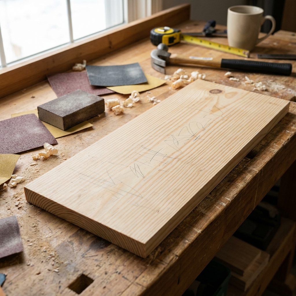 A pine board with light pencil scribbles across the surface, ready to be sanded on a workbench