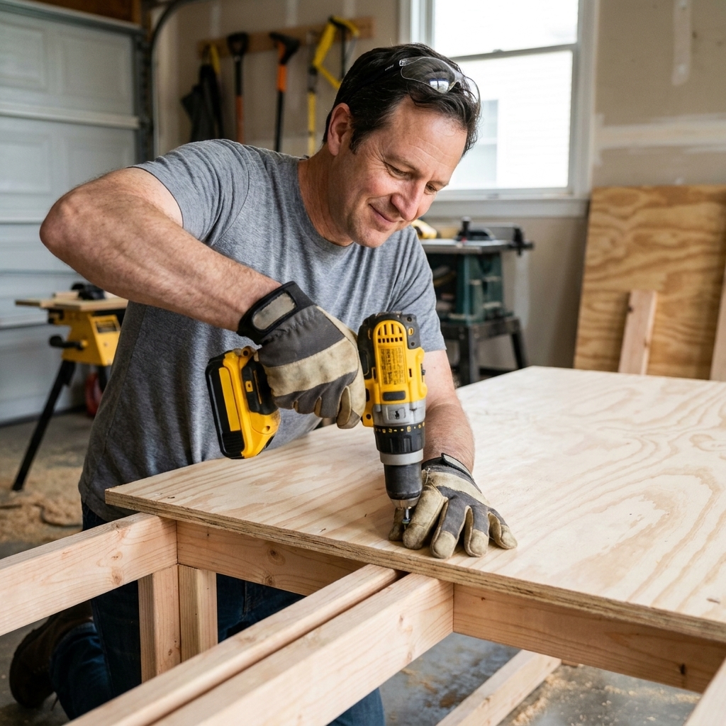 A plywood workbench top being screwed to a 2x4 frame with a cordless drill