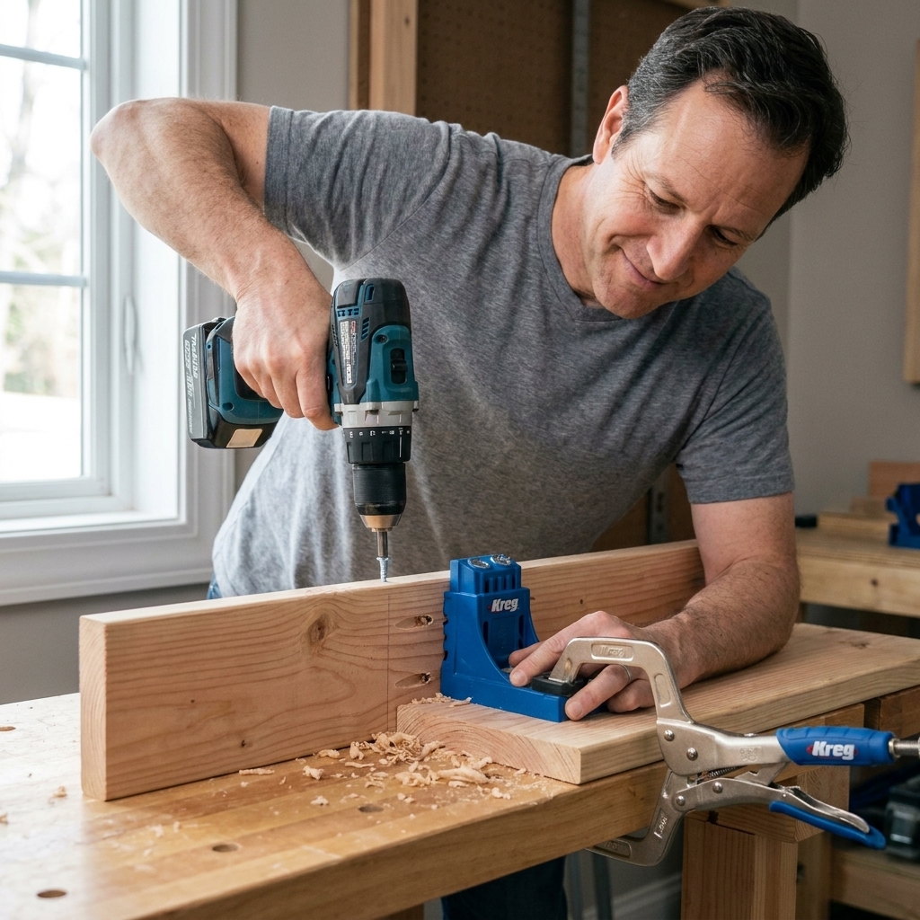 A pocket-hole jig and a face clamp holding two boards flush on a workbench as pocket-hole screws are being driven
