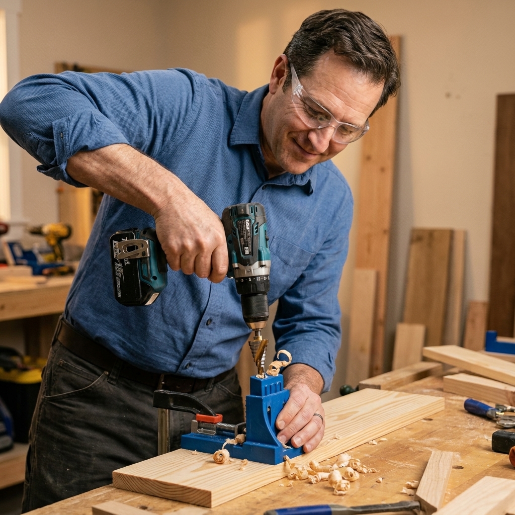 A pocket-hole jig clamped to a pine board while a drill drives the stepped pocket-hole bit into the guide