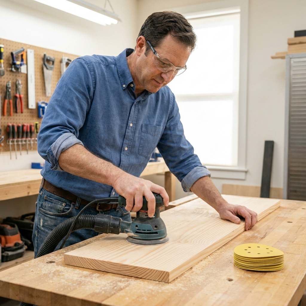A random orbit sander smoothing a pine board on a workbench, with sanding discs and a vacuum hose nearby