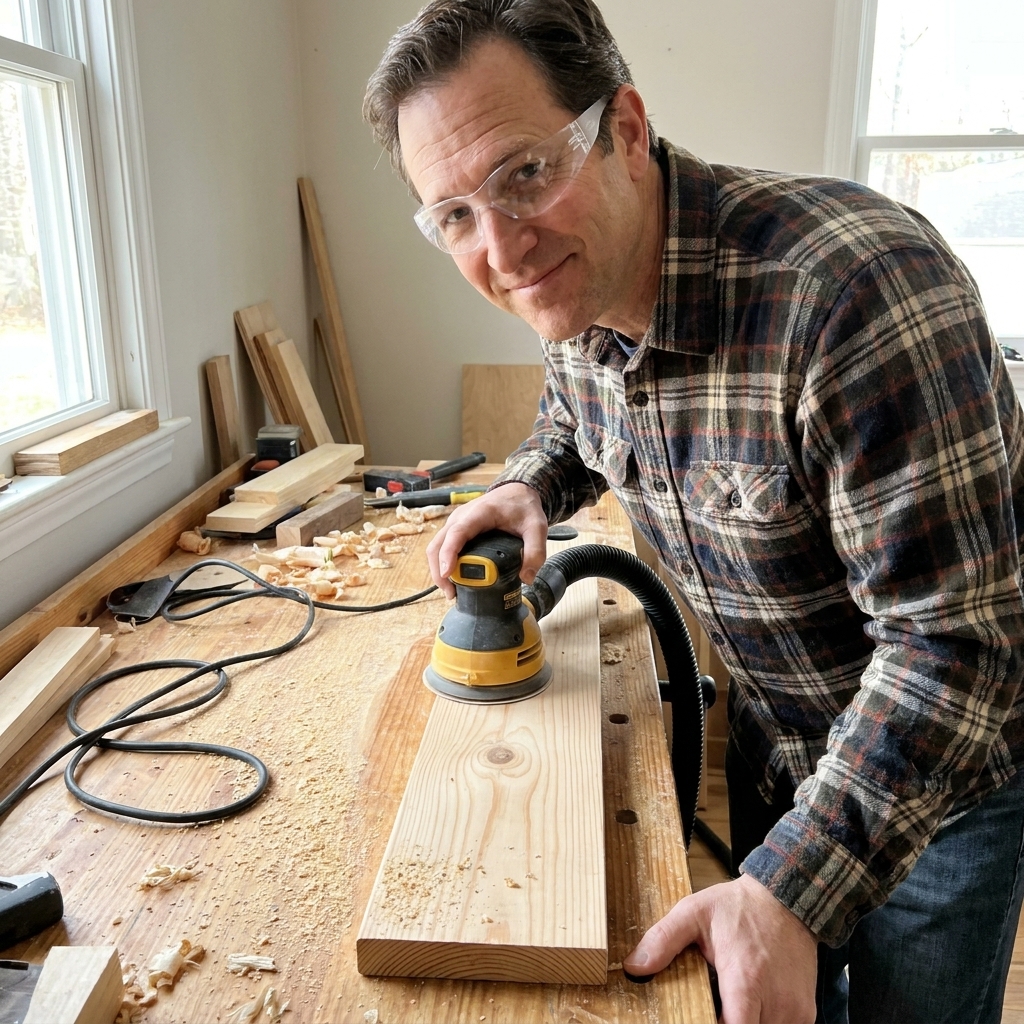 A random orbit sander smoothing a pine board on a workbench with visible sawdust and a shop vacuum hose nearby