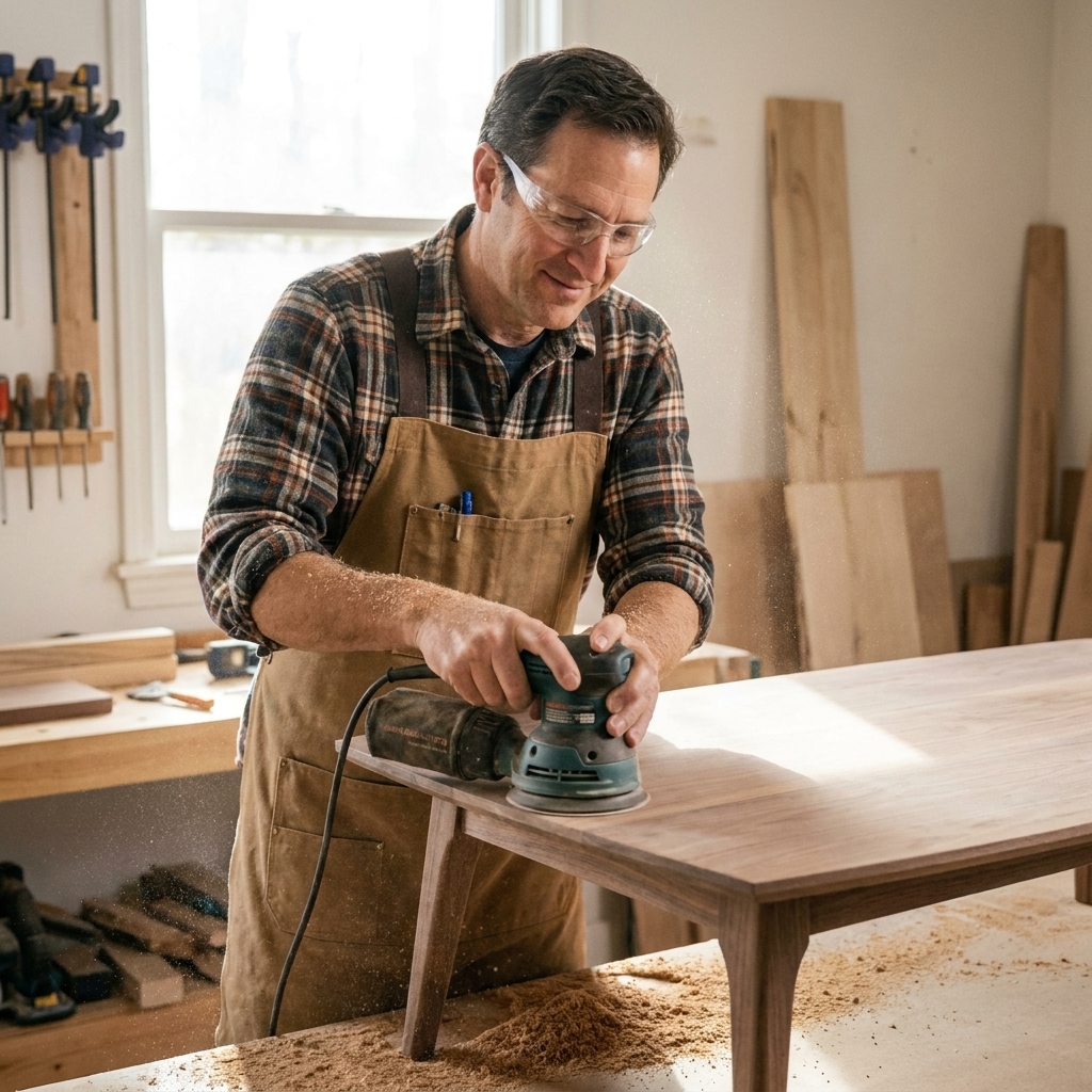 A random orbit sander smoothing the surface of a wooden coffee table top while fine sawdust collects nearby