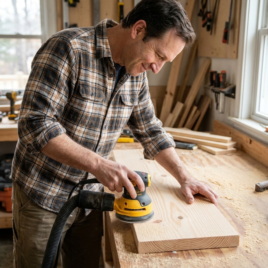 A random orbital sander being used on a pine board on a workbench, with a shop vacuum hose attached and sawdust on the surface