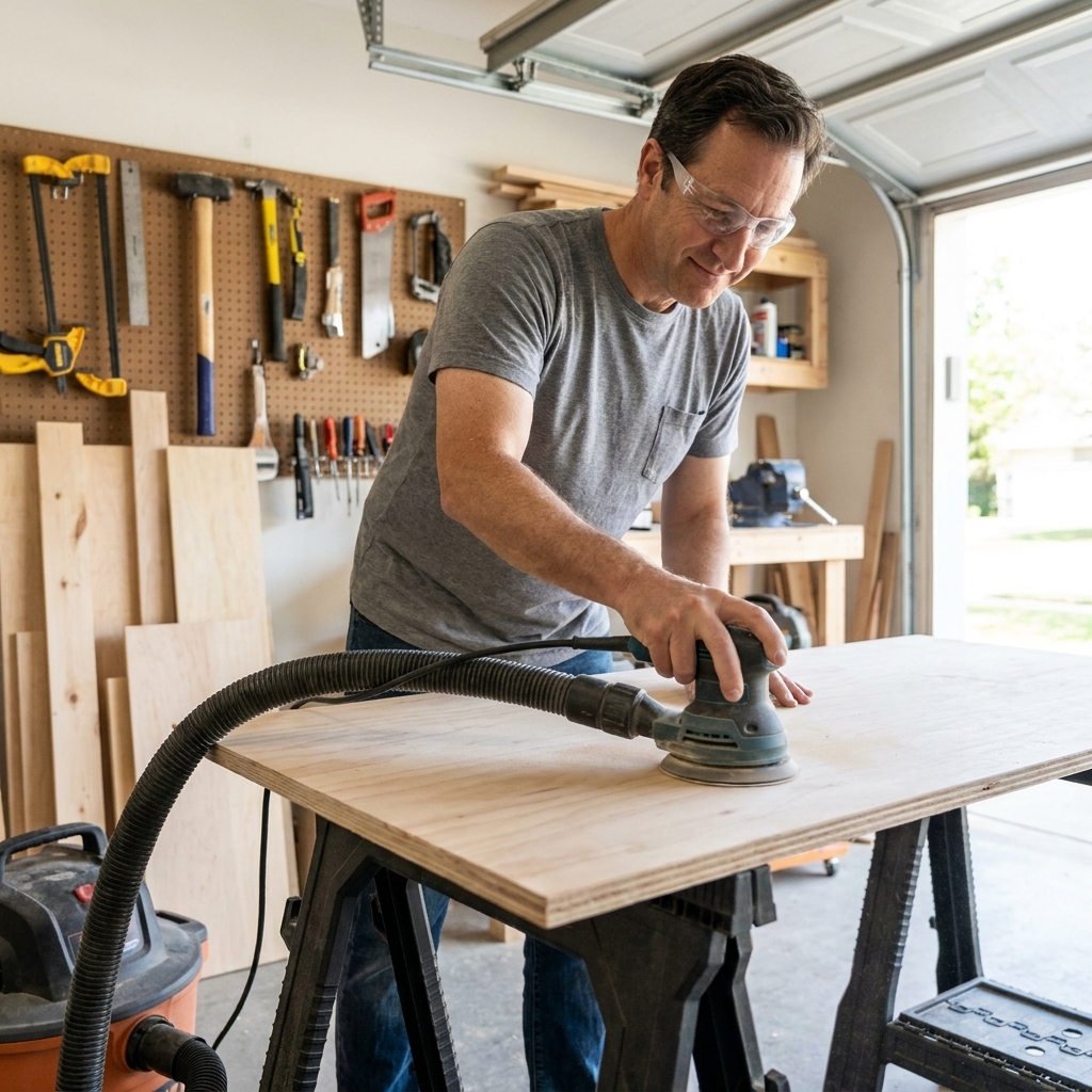 A random orbital sander connected to a shop vacuum hose while sanding a plywood panel on sawhorses in a garage