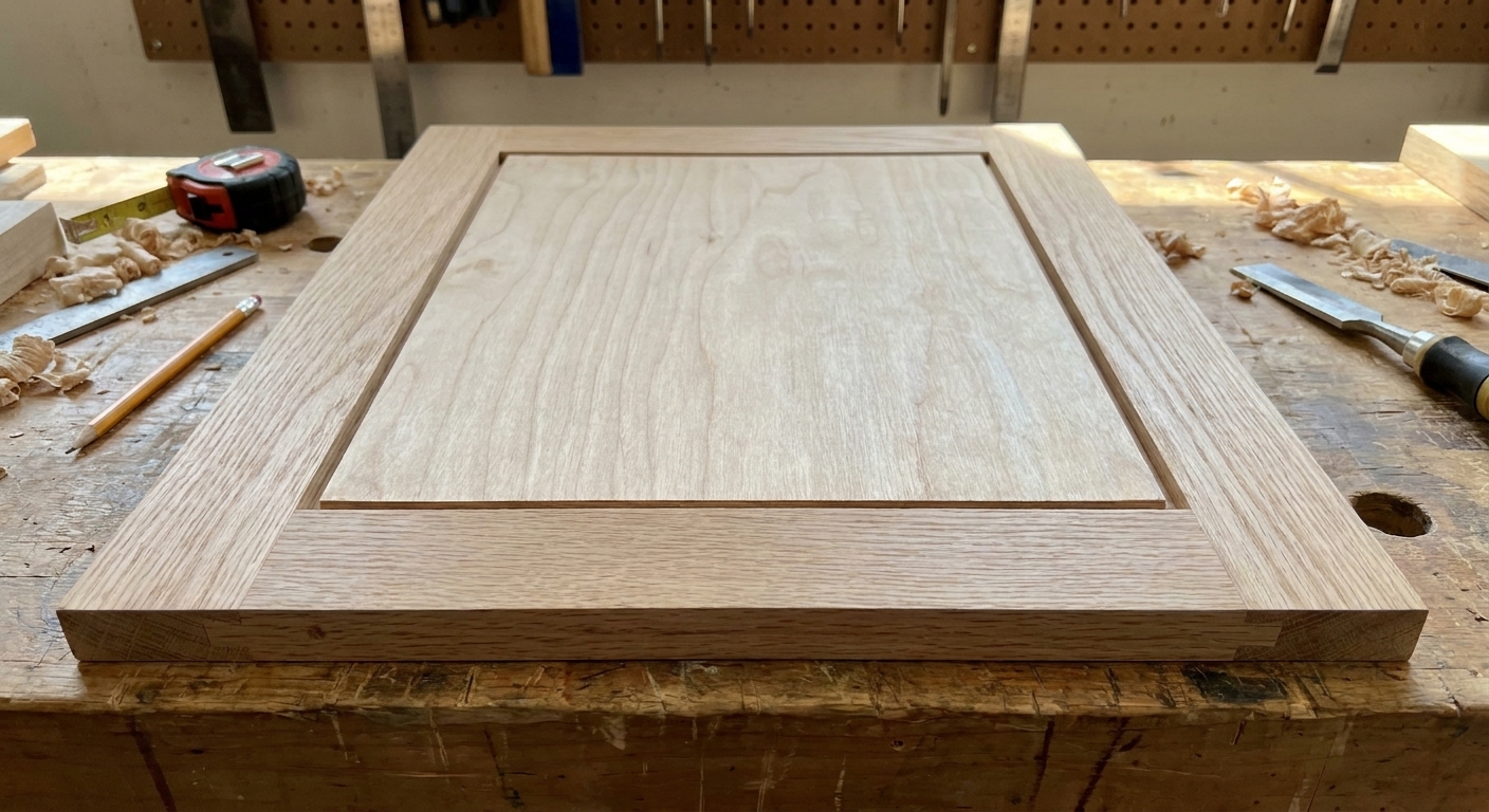 A real photo of a wooden cabinet door lying on a workbench with a frame surrounding a center panel, showing a small reveal around the panel