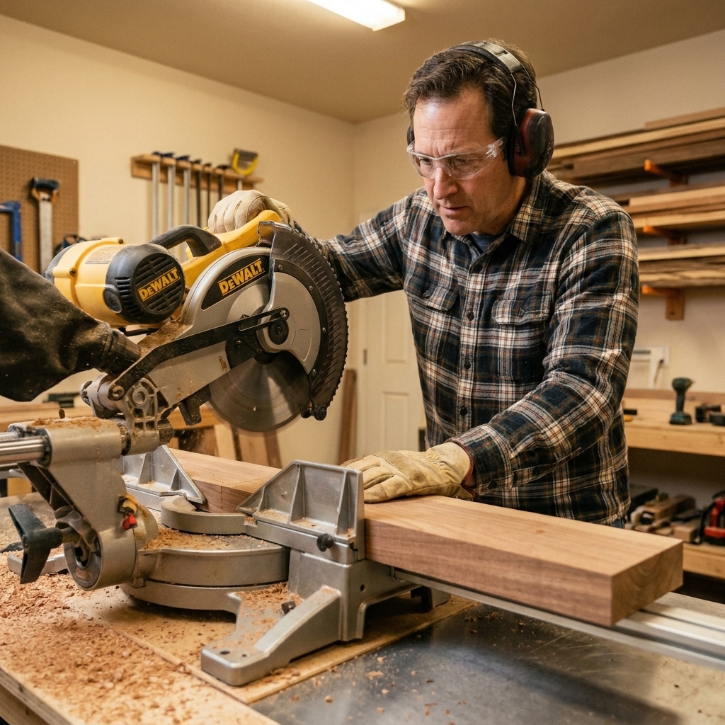 A realistic workshop photo of a beginner-friendly compound miter saw cutting a hardwood board with the board supported flat on the saw fence and table