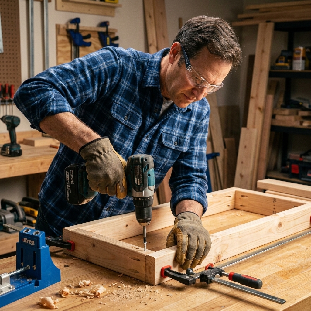 A rectangular frame made from 2x4 boards clamped on a workbench while pocket-hole screws are driven at the corners