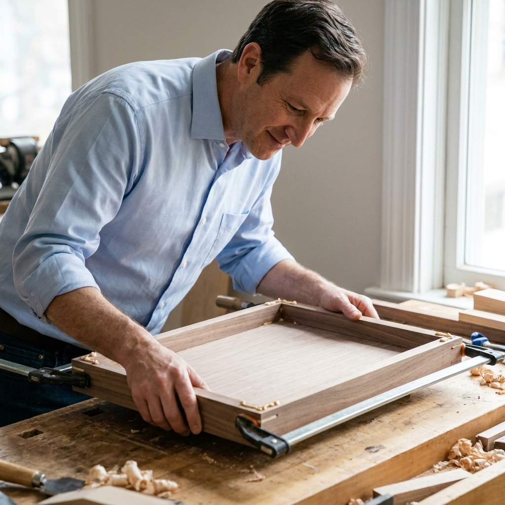 A rectangular wooden tray frame clamped around a flat bottom panel on a workbench, small beads of glue visible at the joints