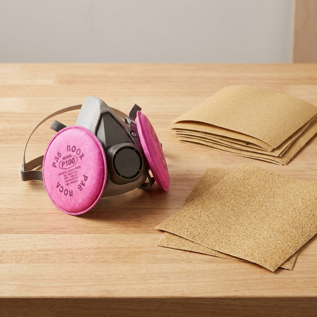 A reusable half-mask respirator with pink P100 filters sitting on a clean wooden workbench next to sandpaper sheets