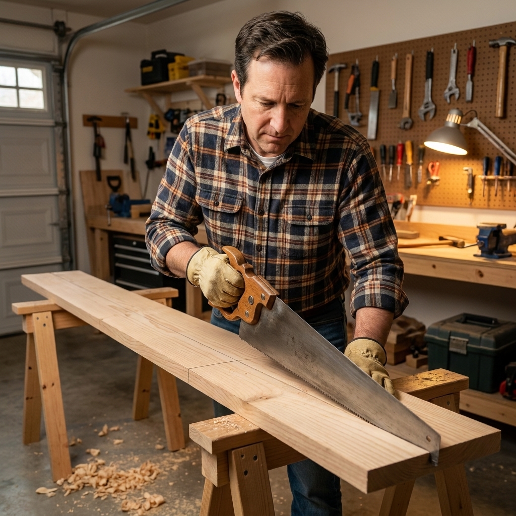 A rip hand saw with a wooden handle positioned next to a long board marked with a rip line, ready for cutting in a home garage shop
