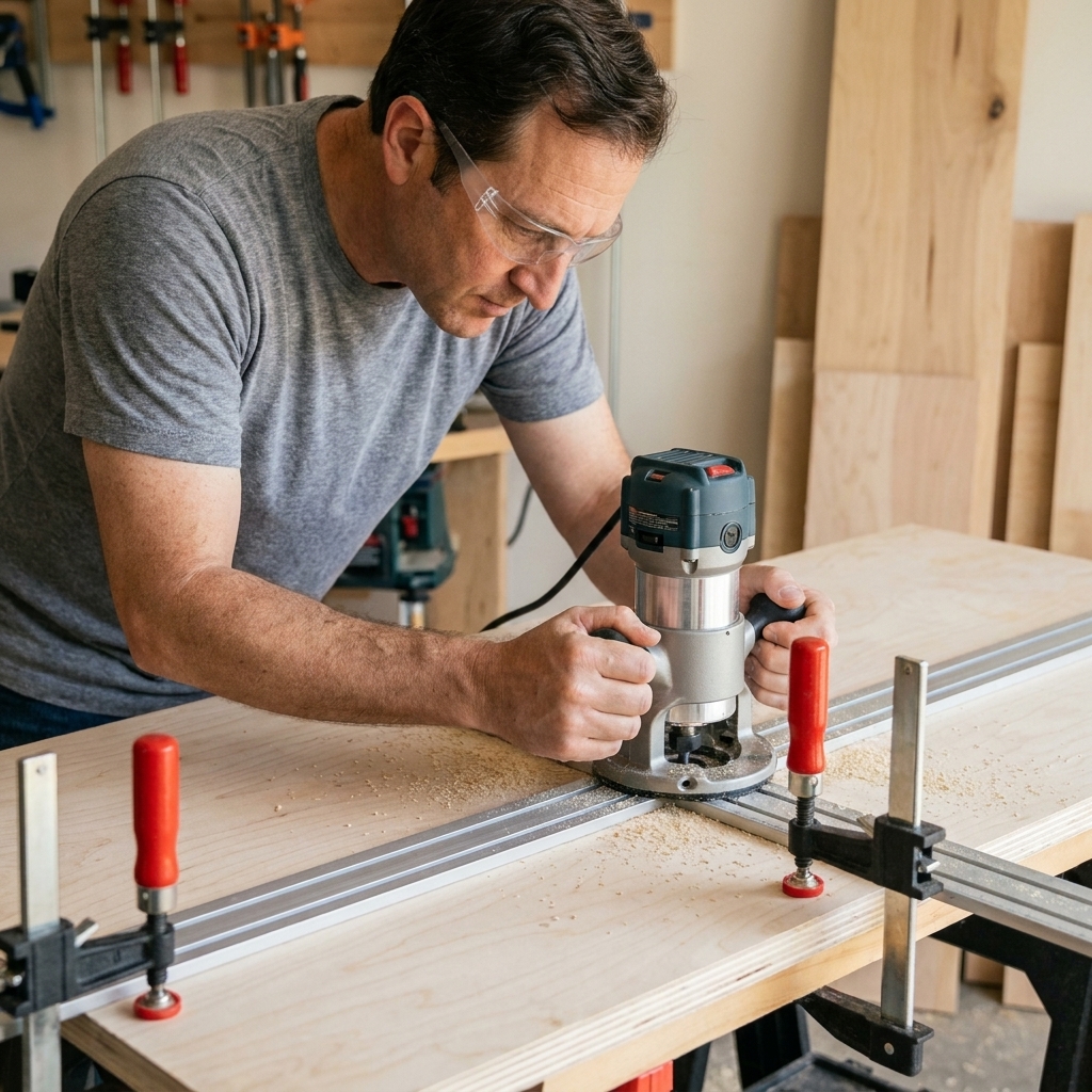 A router base riding along a clamped straightedge guide on a plywood panel, with clamps securing the guide at both ends