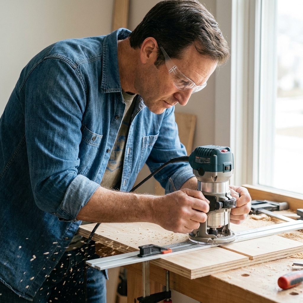 A router cutting a clean dado across a plywood side panel on a workbench, guided by a straightedge clamp