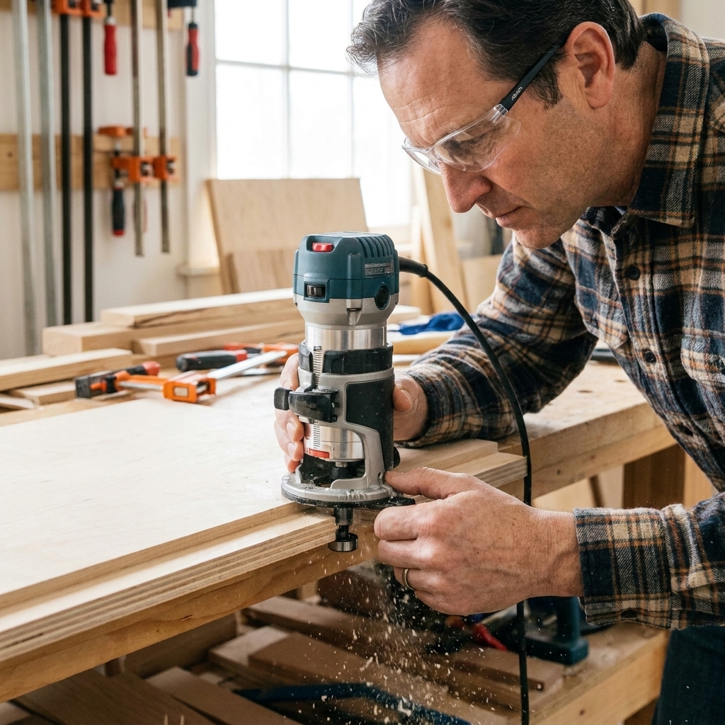 A router with a bearing-guided rabbet bit cutting a clean step along the edge of a plywood cabinet side panel