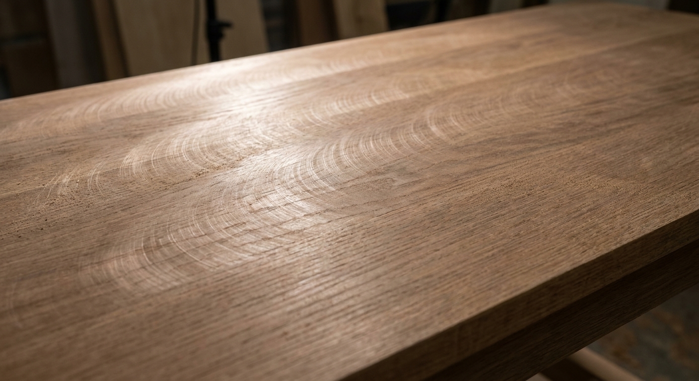 A sanded wood surface showing faint circular swirl marks visible in raking light