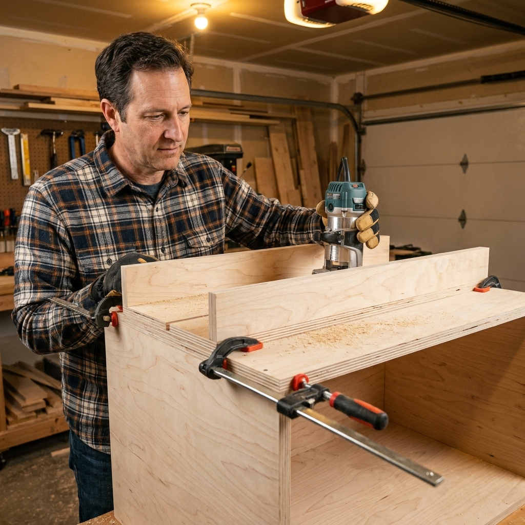 A simple plywood dado jig with two parallel fences clamped to a cabinet side panel, ready for a router to cut a groove