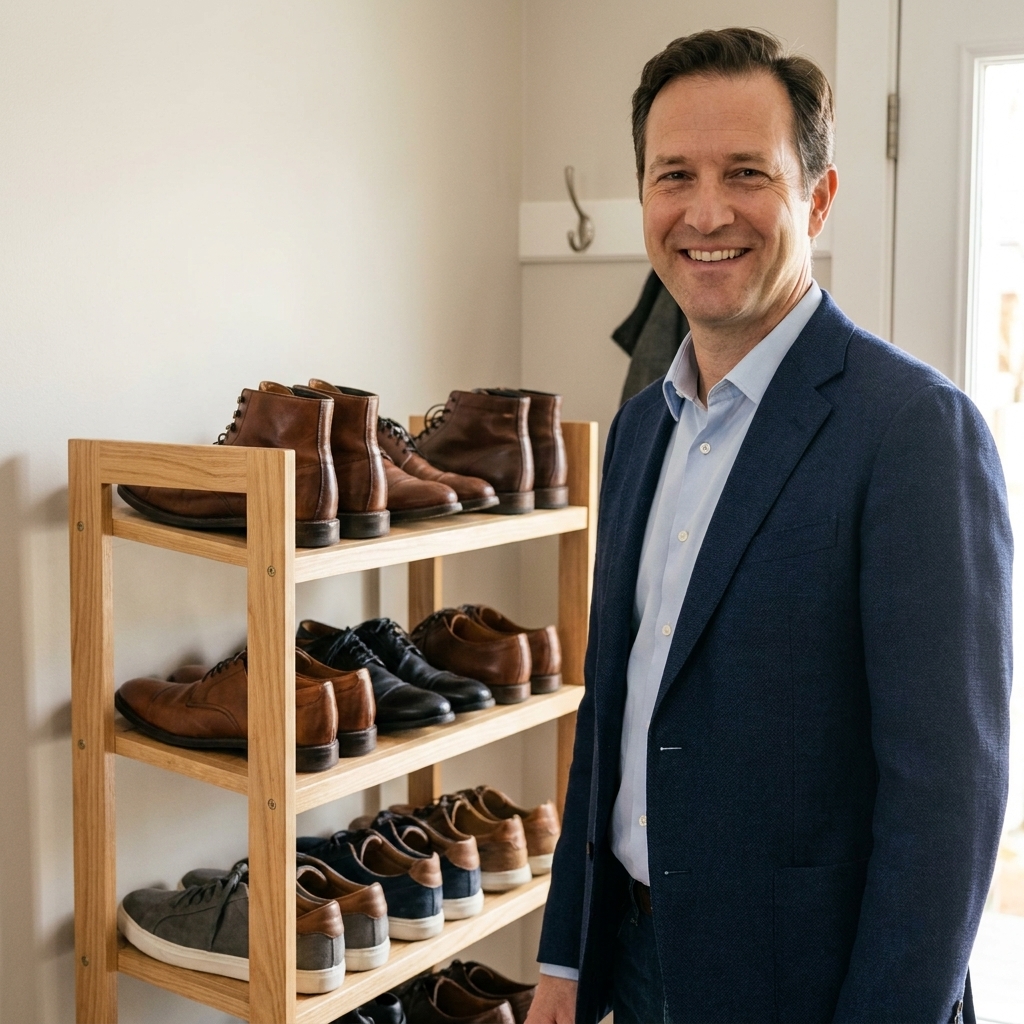 A simple three-tier wooden shoe rack in an entryway with several pairs of shoes neatly stored on each shelf