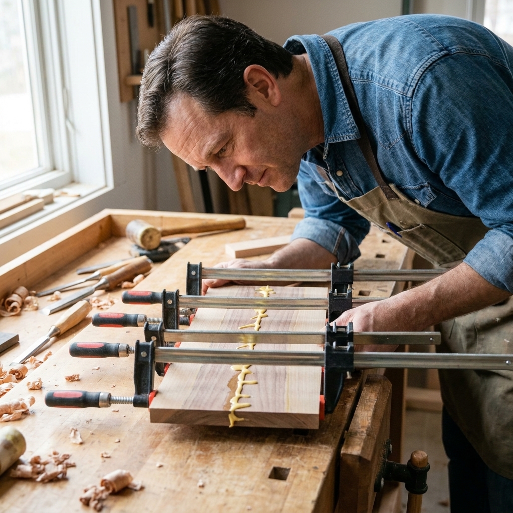 A small edge-glued wood panel clamped with several bar clamps on a workbench, fresh glue squeeze-out visible along the seam