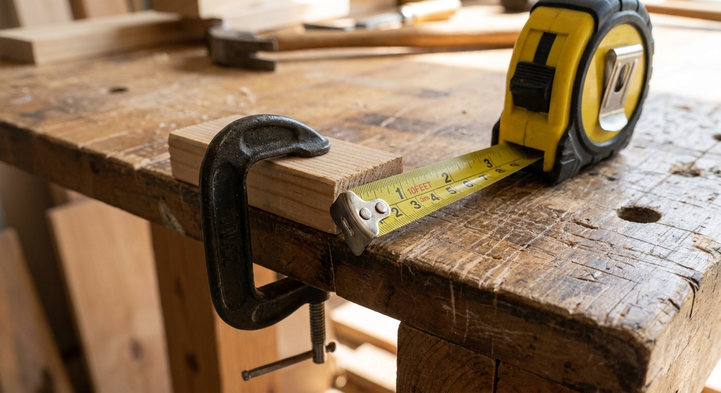 A small metal C-clamp holding a scrap wood stop block to the edge of a workbench next to a tape measure