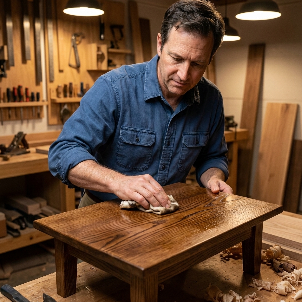 A small oak tabletop with fresh tung oil wiped on, showing a soft low-sheen surface and enhanced grain under workshop lighting