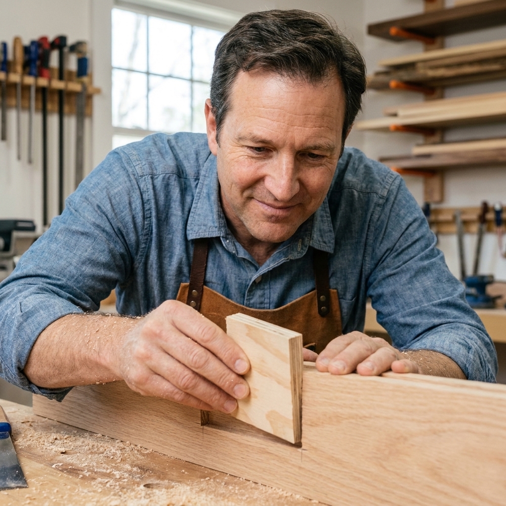 A small plywood offcut being test-fit into a freshly cut dado groove to check snugness before cutting the real cabinet parts