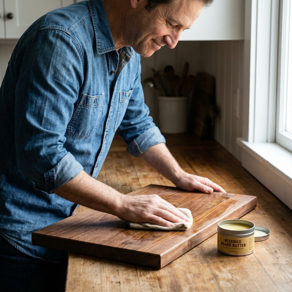 A small tin of beeswax board butter next to a walnut cutting board being buffed with a soft cloth
