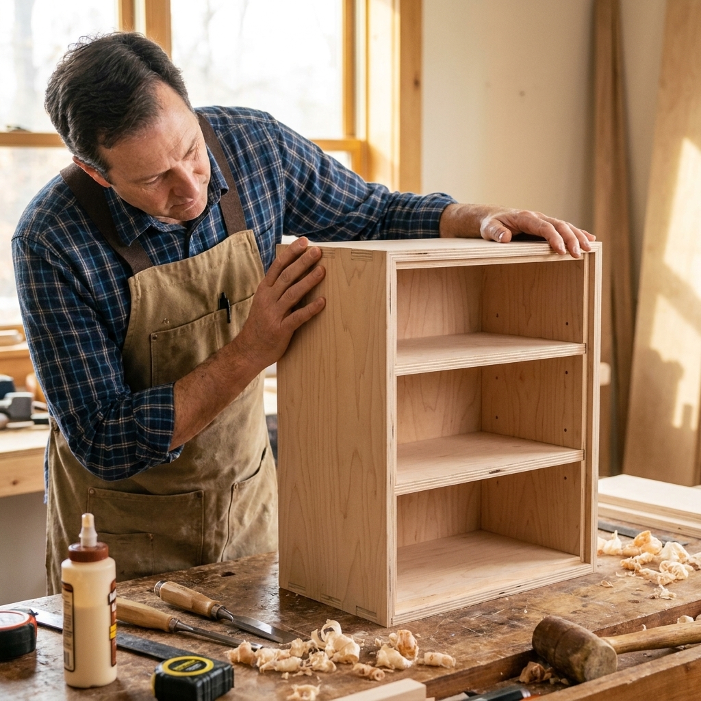 A small unfinished plywood cabinet on a workbench showing fixed shelves seated in dados and a back panel fitted into a rabbet along the rear edges