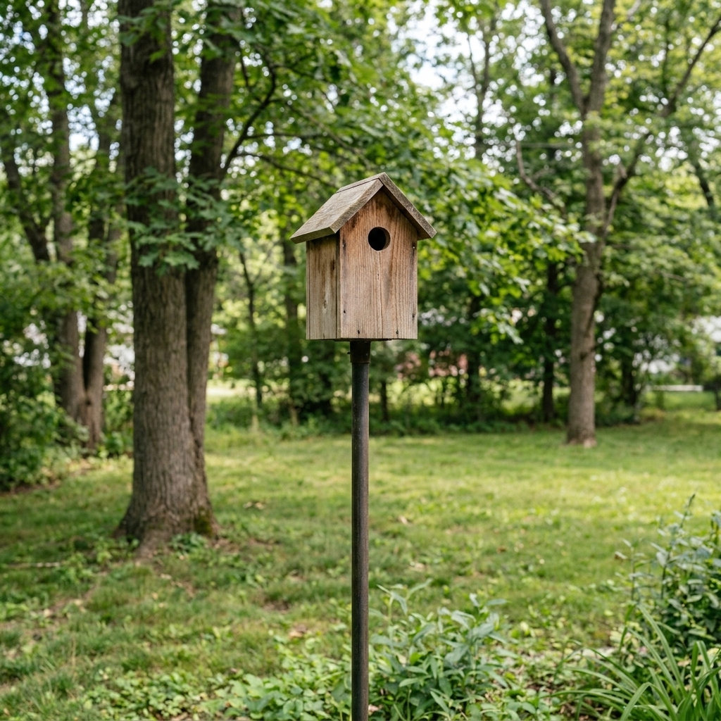 A small wooden birdhouse mounted on a metal pole in a quiet backyard with trees behind it