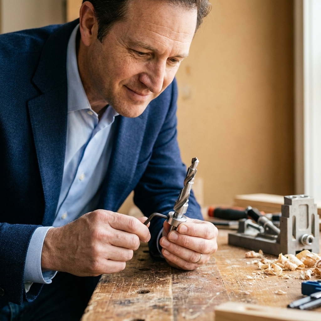 A stepped pocket hole drill bit with a metal stop collar being tightened with a hex key on a wooden workbench