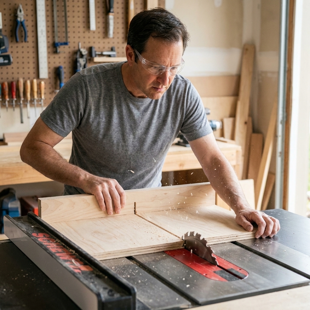 A table saw set up with a dado stack cutting a groove across a plywood panel using a crosscut sled