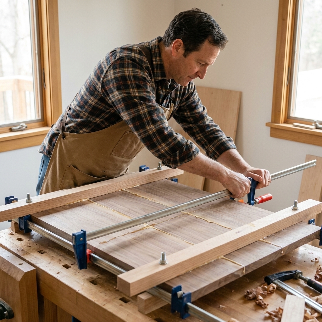 A tabletop panel glue-up on a workbench using clamps and wooden cauls across the top to keep the boards flush