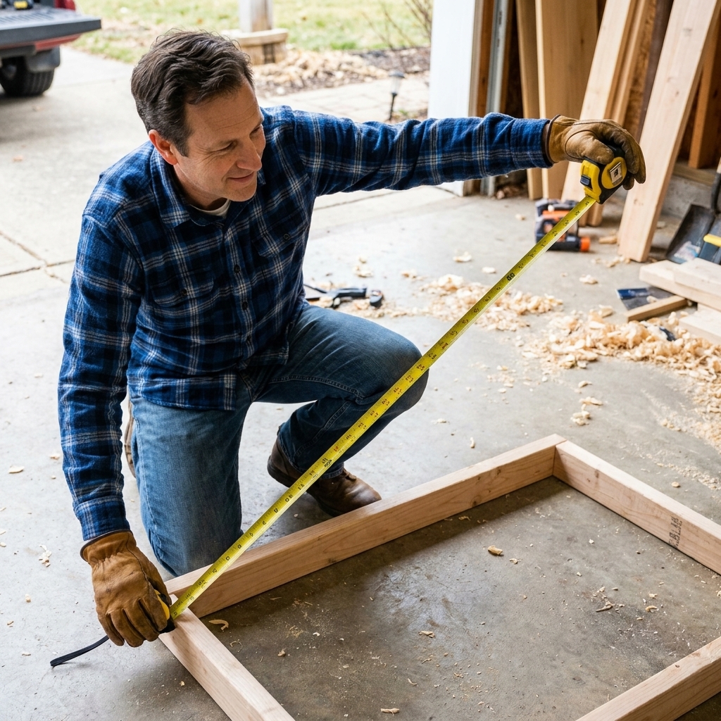 A tape measure checking the diagonal of a rectangular 2x4 frame to confirm it is square