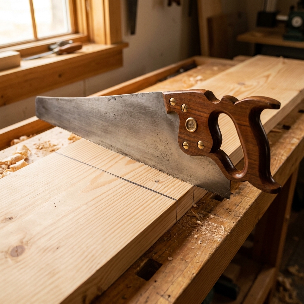 A traditional full-size crosscut hand saw with a wooden handle resting on a pine board with a fresh cut line marked in pencil