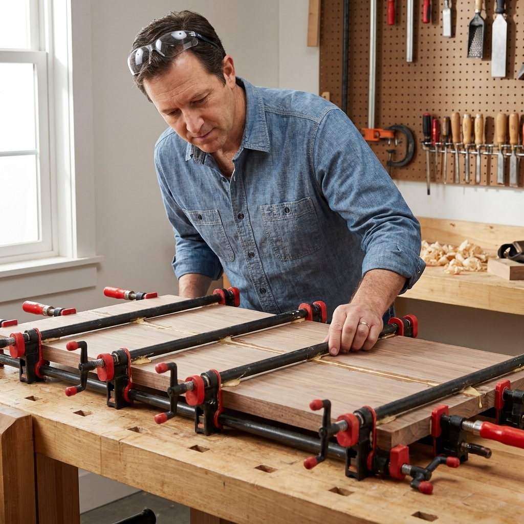 A wide panel glue-up on a workbench with multiple pipe clamps alternating above and below the panel to help keep it flat