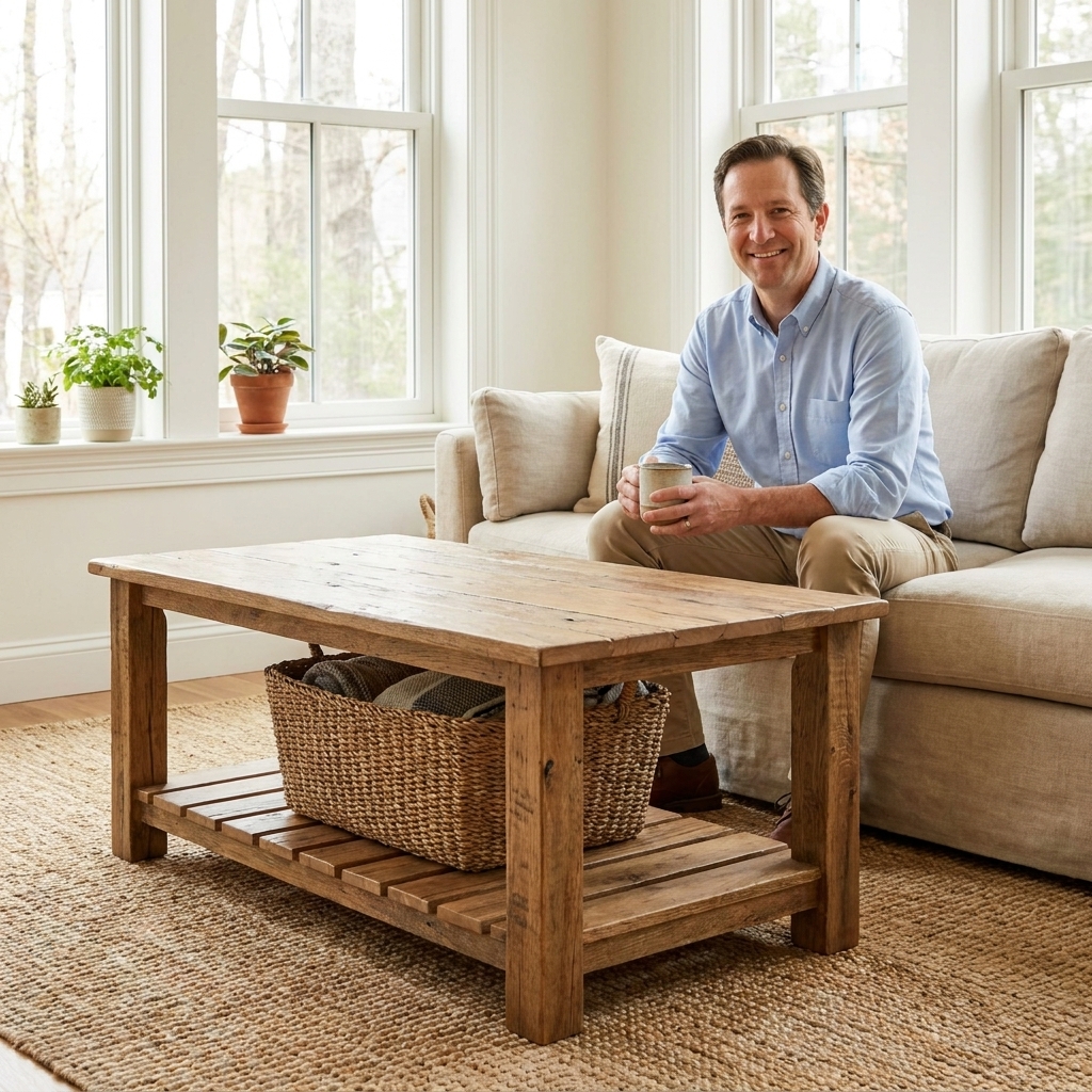 A wooden farmhouse coffee table with a simple slatted lower shelf holding a woven basket in a bright living room