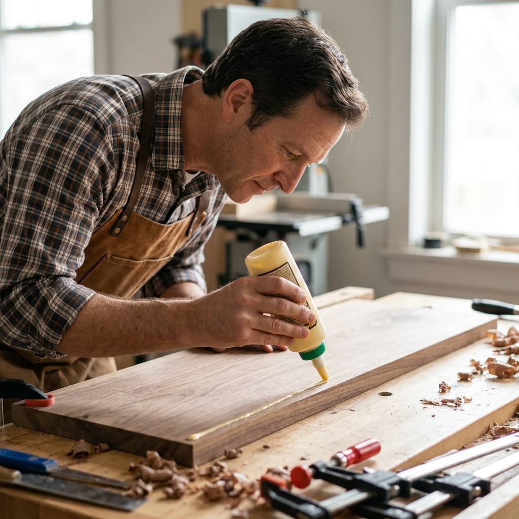 A woodworker applying a thin bead of yellow wood glue along the edge of a hardwood board on a workbench