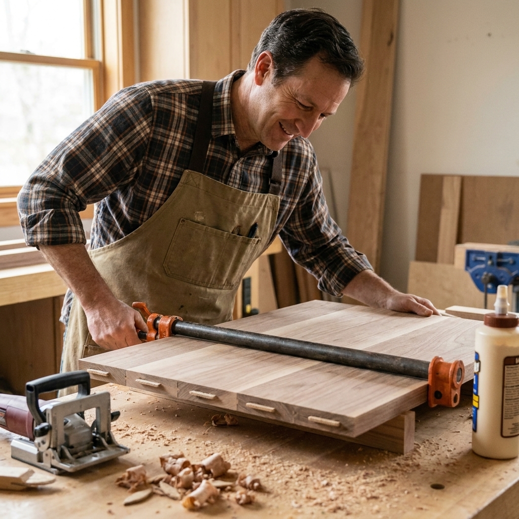 A woodworker clamping up several edge-glued boards for a tabletop, with biscuit slots visible along the board edges before assembly