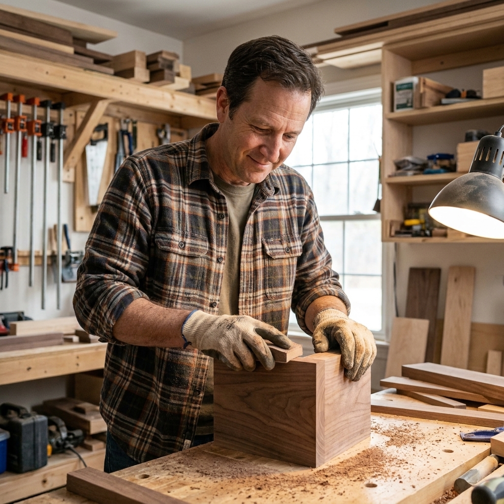 A woodworker sanding the end grain of a small hardwood board with a sanding block on a workbench in a garage shop