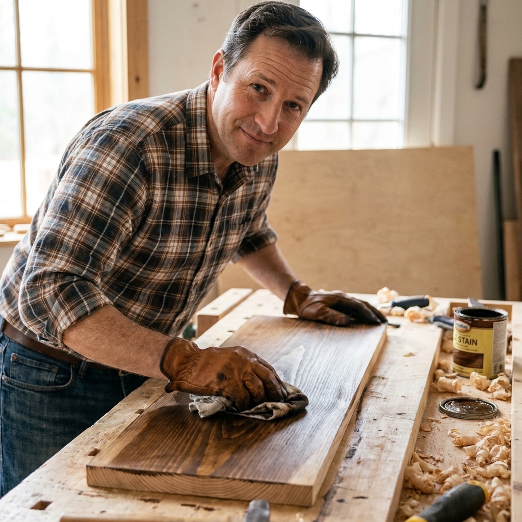 A woodworker wearing gloves wiping dark stain onto a conditioned pine board with a folded cloth on a workbench