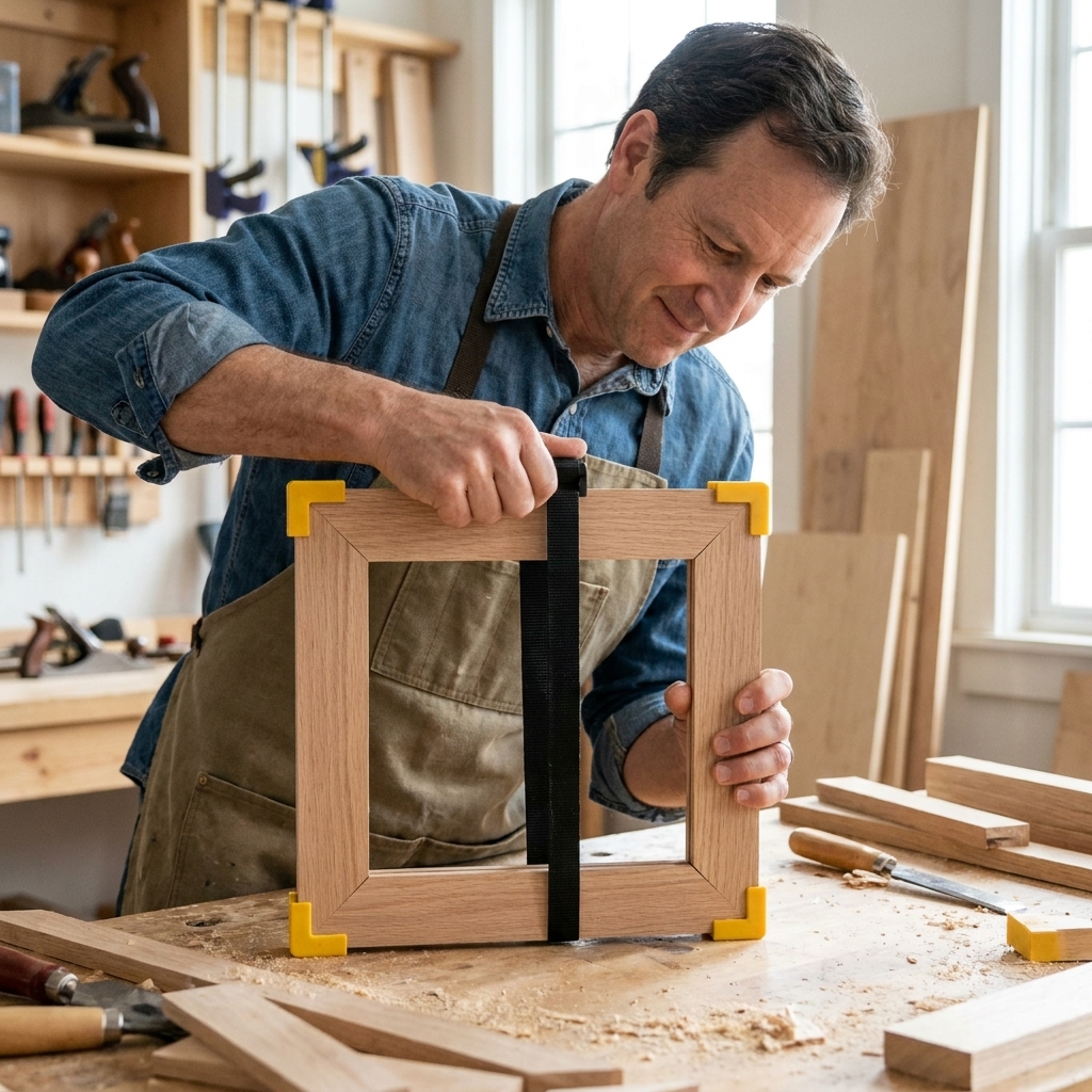 A workshop photo of a wooden frame assembled with four miter joints and tightened with a band clamp, with small corner blocks protecting the edges