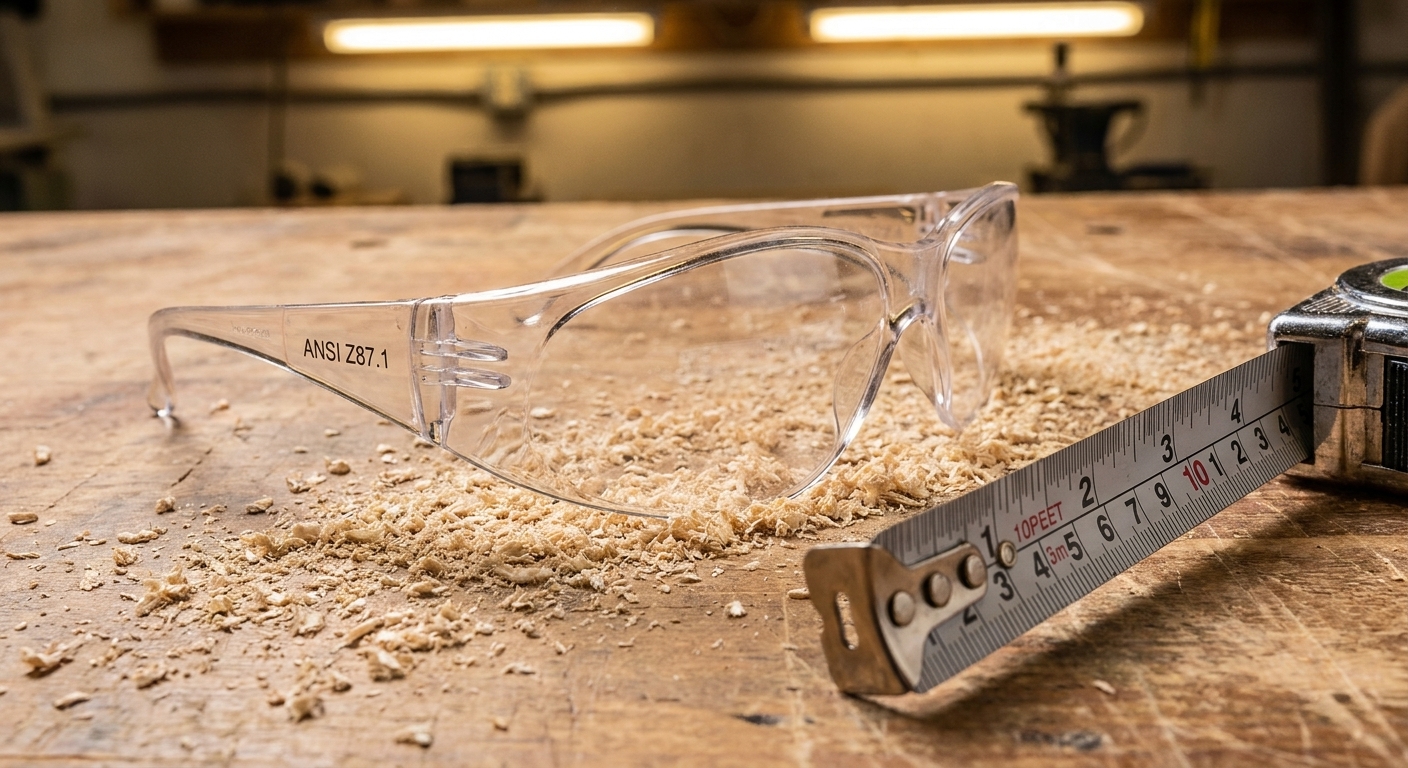 ANSI-rated clear safety glasses resting on a wooden workbench next to sawdust and a tape measure