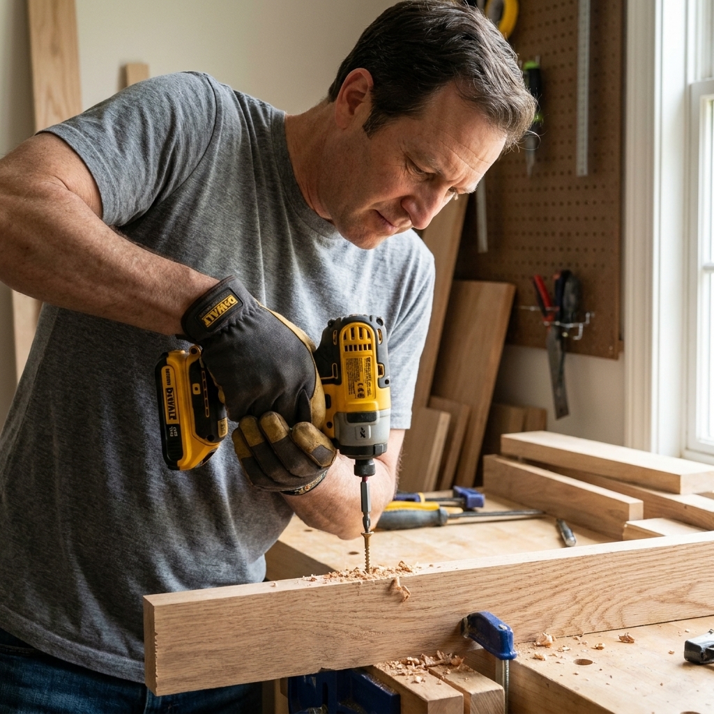 An impact driver driving a wood screw into a hardwood board on a workbench with a driver bit installed