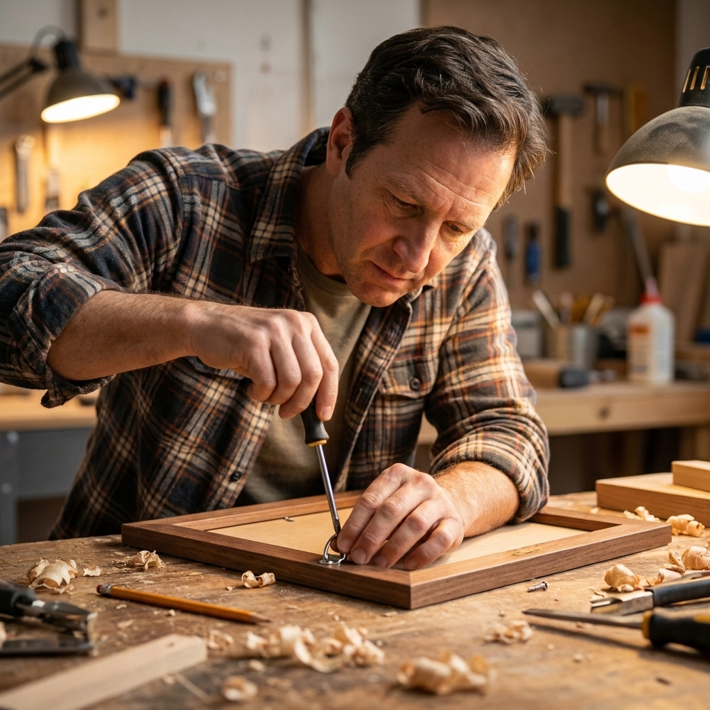Back of a wooden picture frame on a workbench with a metal D-ring hanger being screwed into place near the top corner