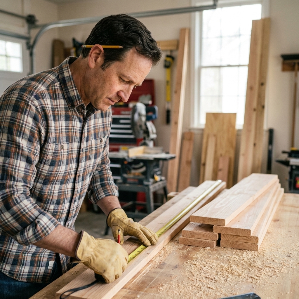 Boards cut to length on a workbench with a tape measure and pencil nearby
