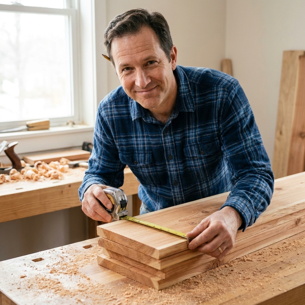 Cedar boards cut to matching lengths and stacked on a workbench, with sawdust and a tape measure nearby