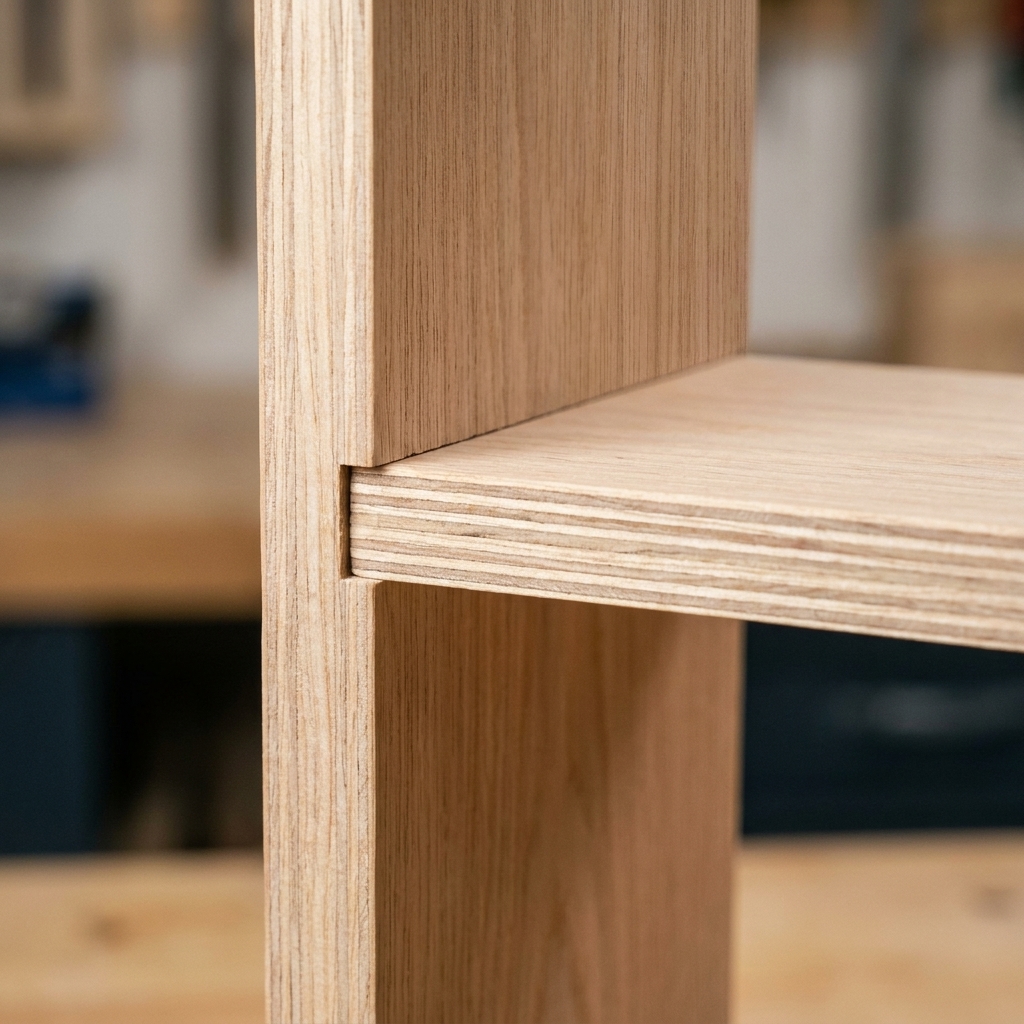 Close-up of a plywood shelf tongue seated neatly inside a dado groove in a plywood side panel, showing a tight, flush fit