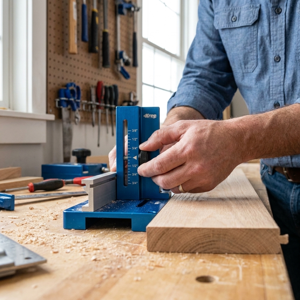 Hands adjusting the thickness fence on a pocket hole jig to match a 3/4-inch board