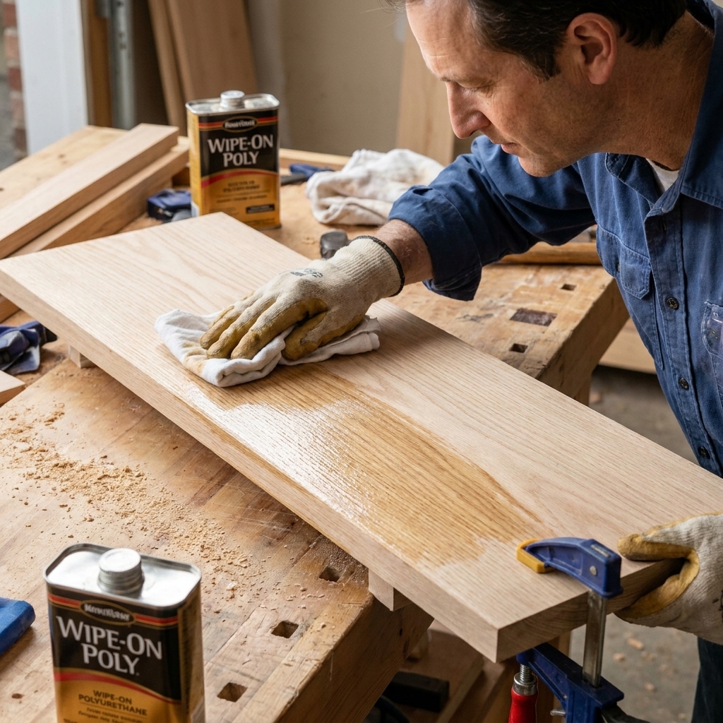 Hands applying wipe-on polyurethane to a sanded wooden shelf on a workbench with a clean cloth