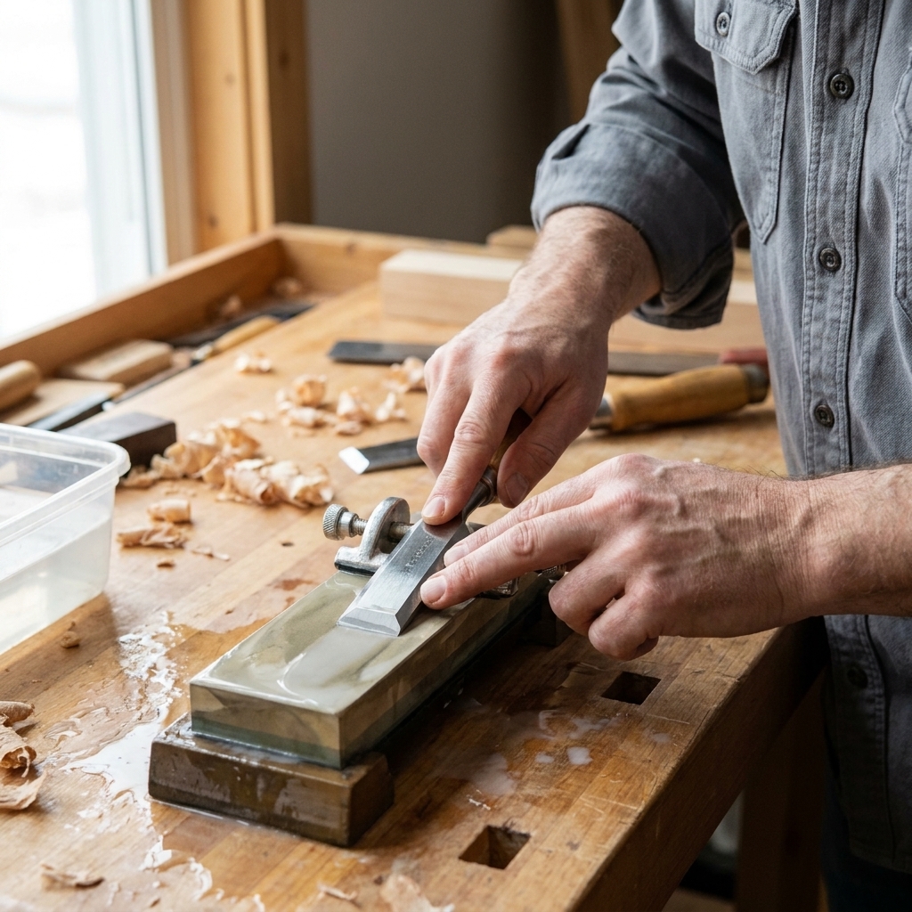 Hands guiding a woodworking chisel in a honing guide on a wet sharpening stone, applying light pressure near the edge on a workbench
