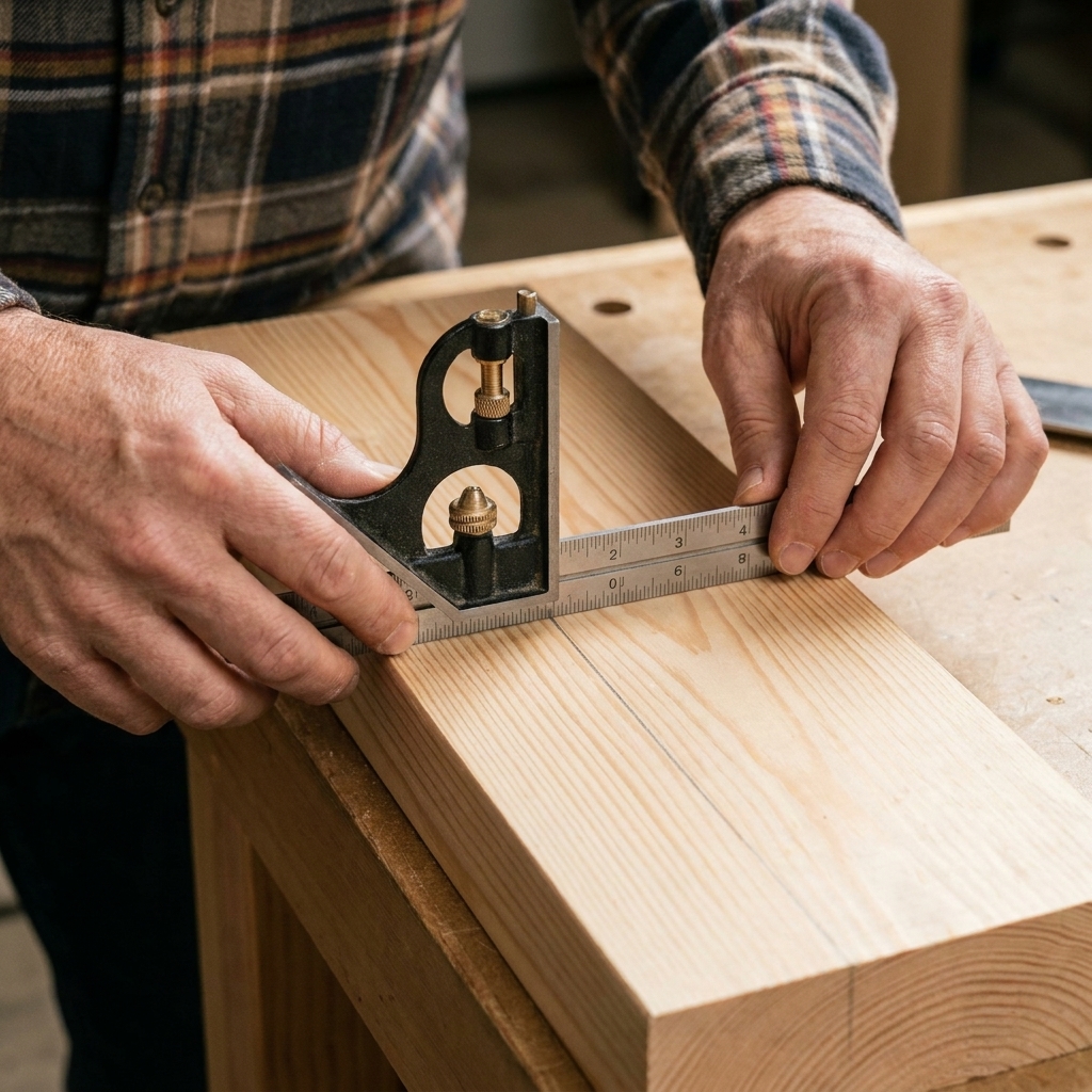Hands holding a combination square on a board with a pencil line, showing the tool flipped to check whether the line stays aligned